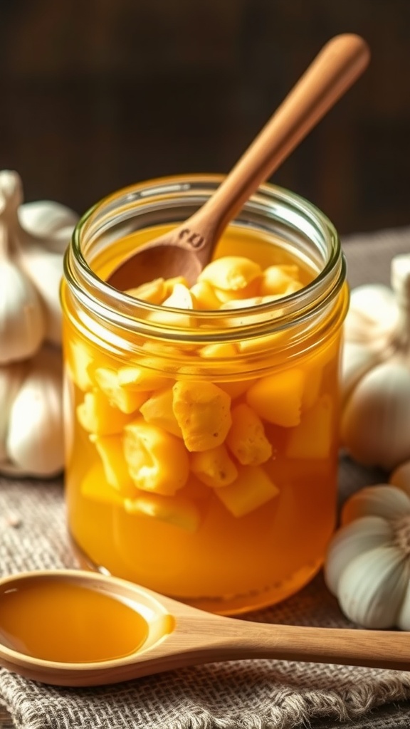 A jar of garlic and honey infusion with garlic bulbs on a linen cloth.